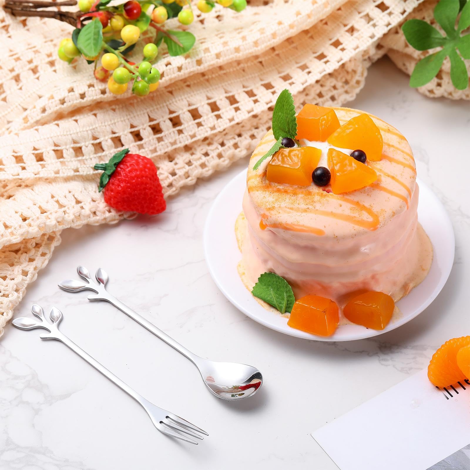 Cuchara de café de acero inoxidable y tenedor de aperitivos, cuchara de postre, mini utensilios de postre, cucharas y tenedores creativos para remover frutas, pasteles, café, té (plata, 40 piezas)