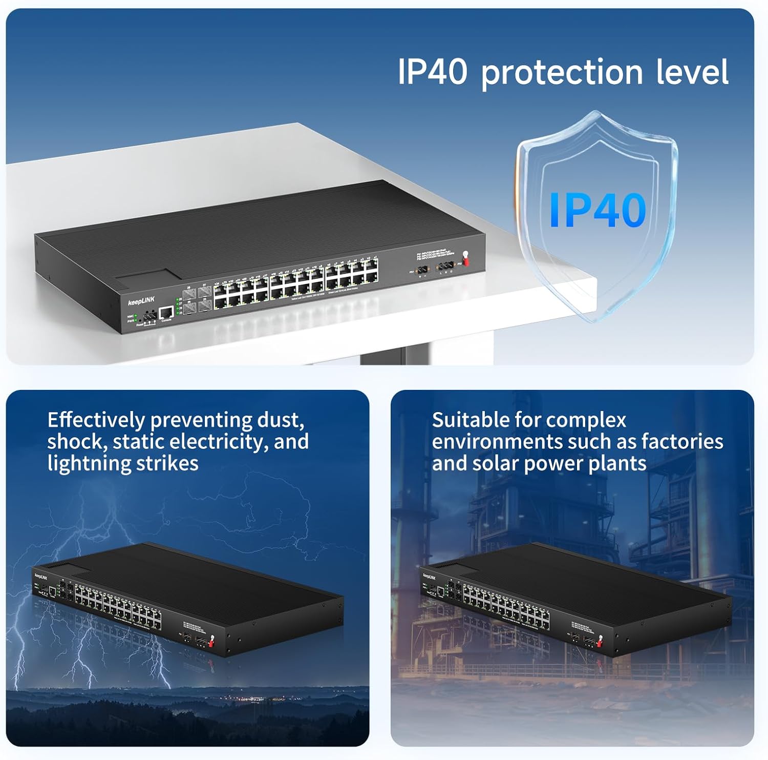 Image illustrating the IP40 protection level of the keepLiNK 24 Port Industrial Gigabit PoE Switch.