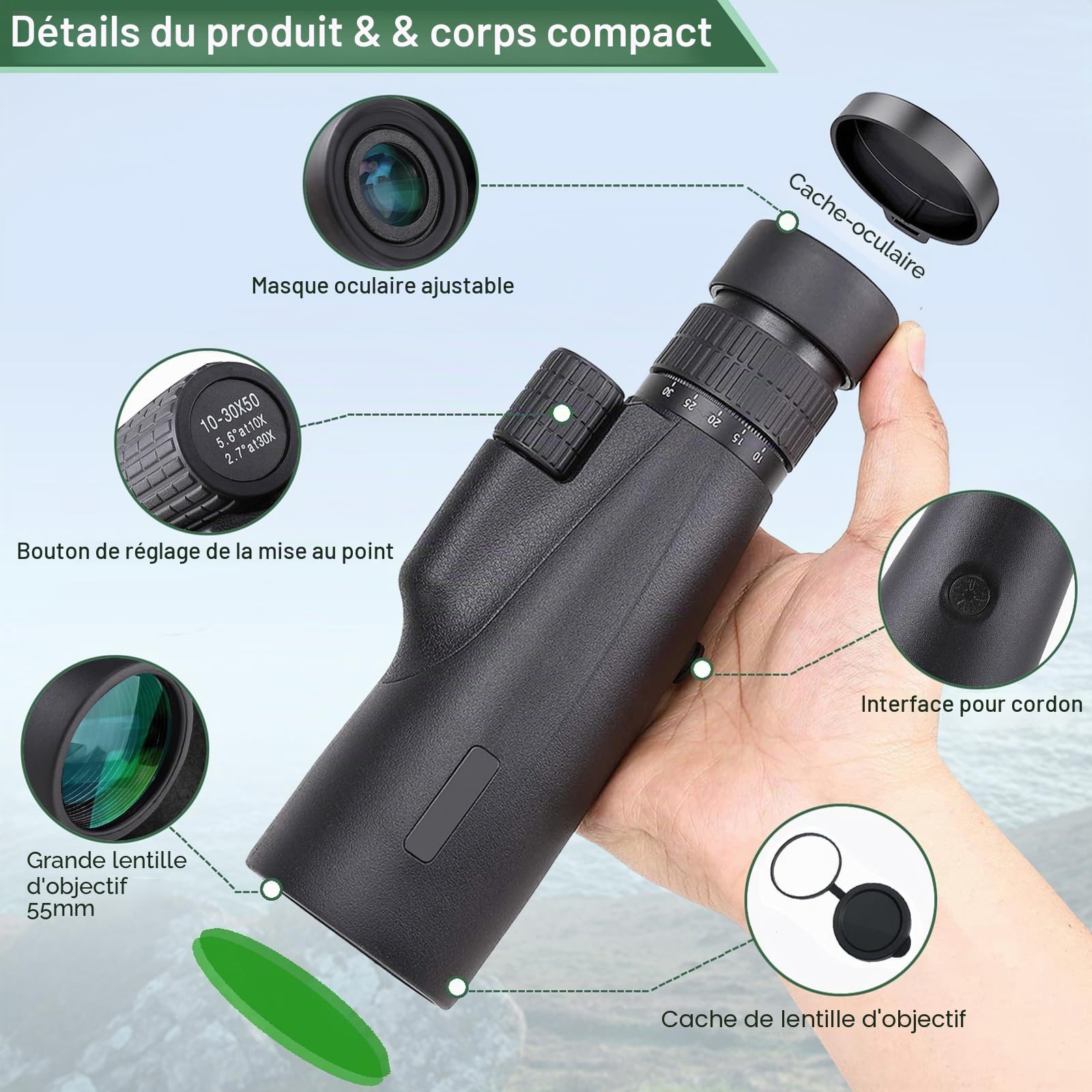 Monoculaire 10-30x50 Prisme BAK4 HD, Télescope Portable Étanche avec Trépied & Support Téléphone, Idéal pour Observation Oiseaux, Randonnée, Concert et Événements Sportifs