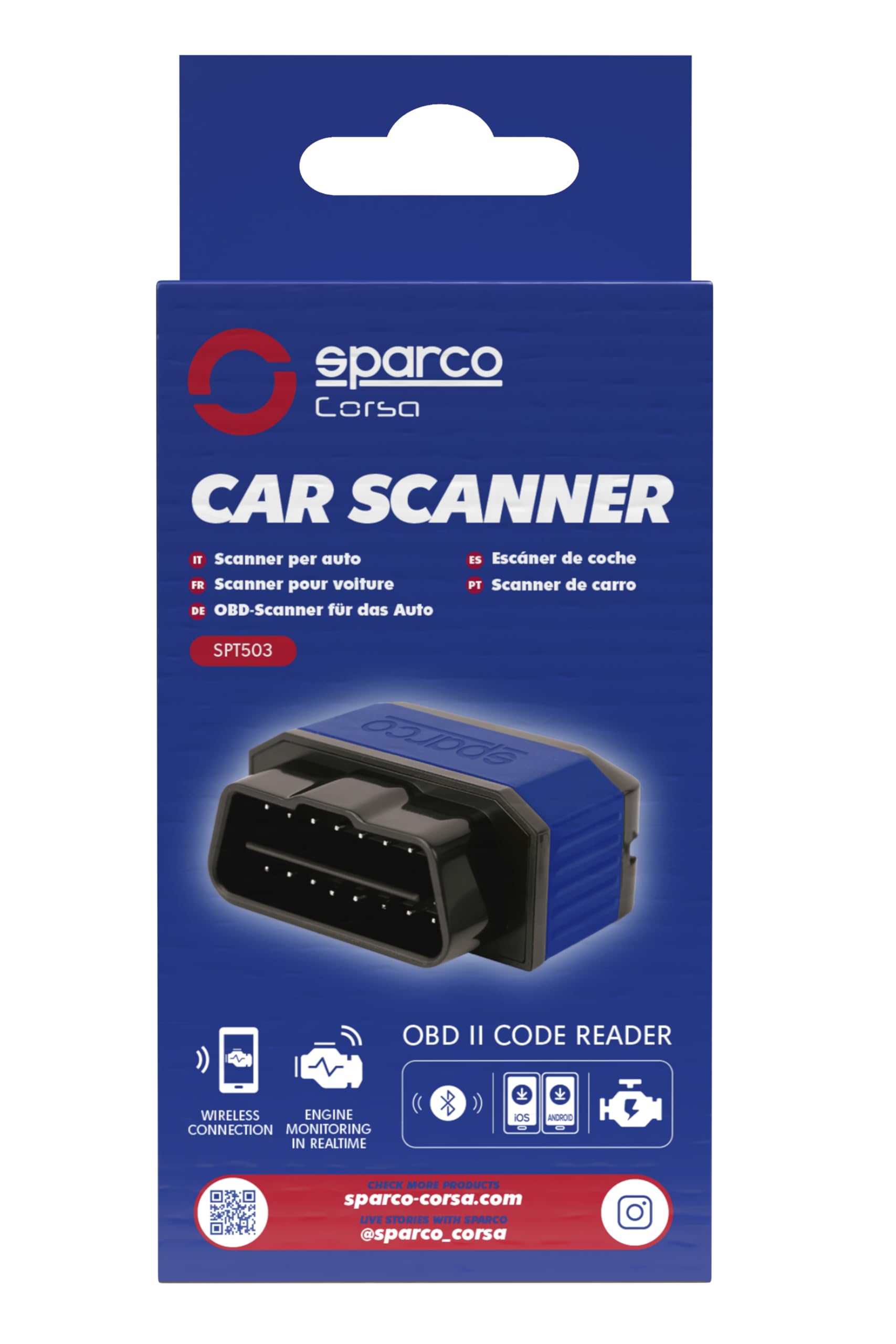 Sparco Dispositivo di diagnosi per auto multimarca OBD2 Scanner Bluetooth 5.2 per iOS e Android Lettore di codici di errore DTC Cancellazione dei guasti del motore Monitoraggio in tempo reale