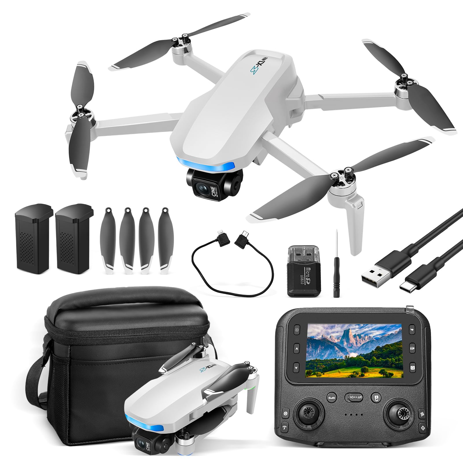 Drone com Câmera 4K HD, Drone Profissional GPS 1080p com 2 Baterias 7.4V 1600mAh,