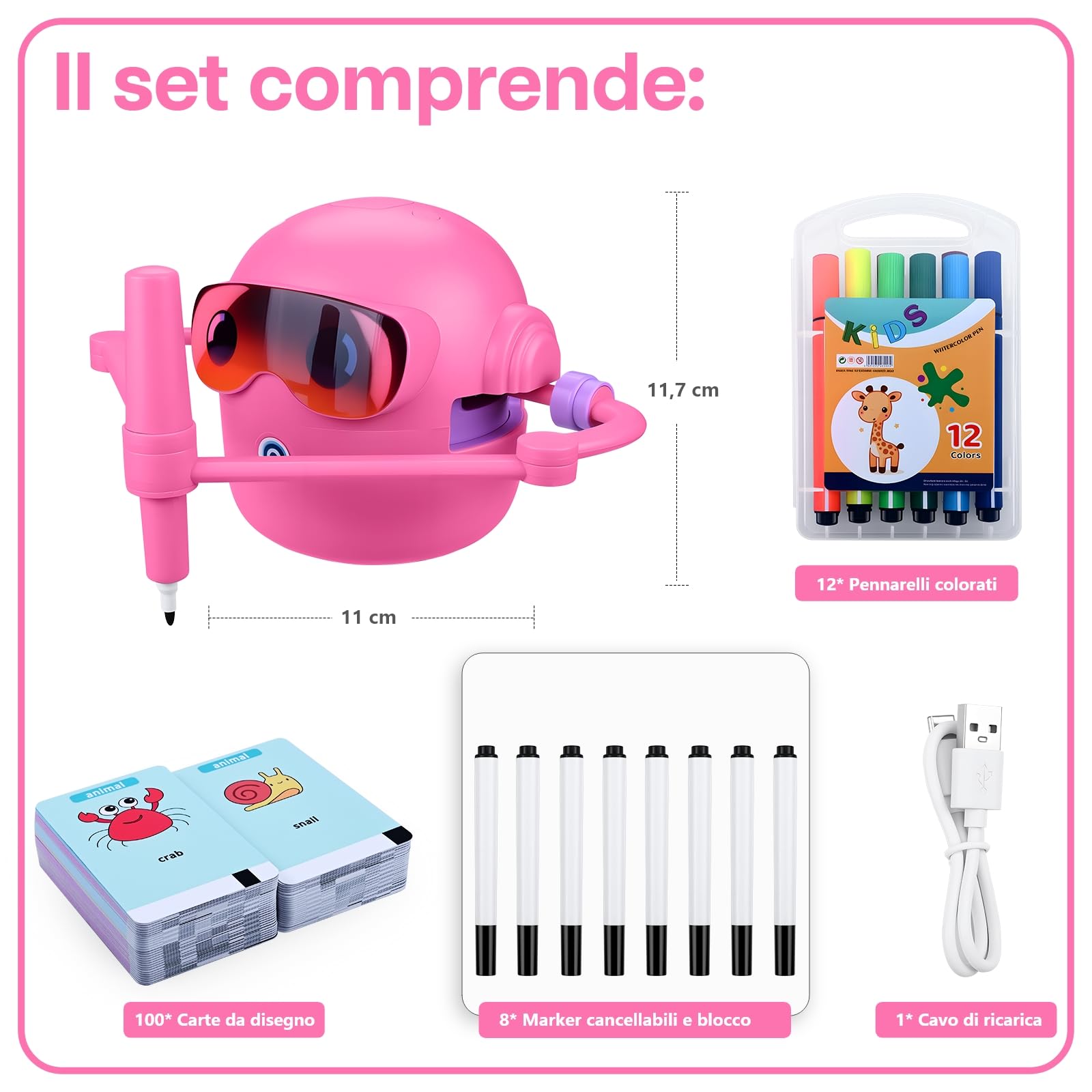 MMOBIEL Robot da Disegno per Bambini Giocattolo Educativo Interattivo con 100 Carte, 12 Pennarelli Colorati, Guida Vocale e Batteria Ricaricabile USB-C – Regalo Creativo per Età 3-9 – Rosa