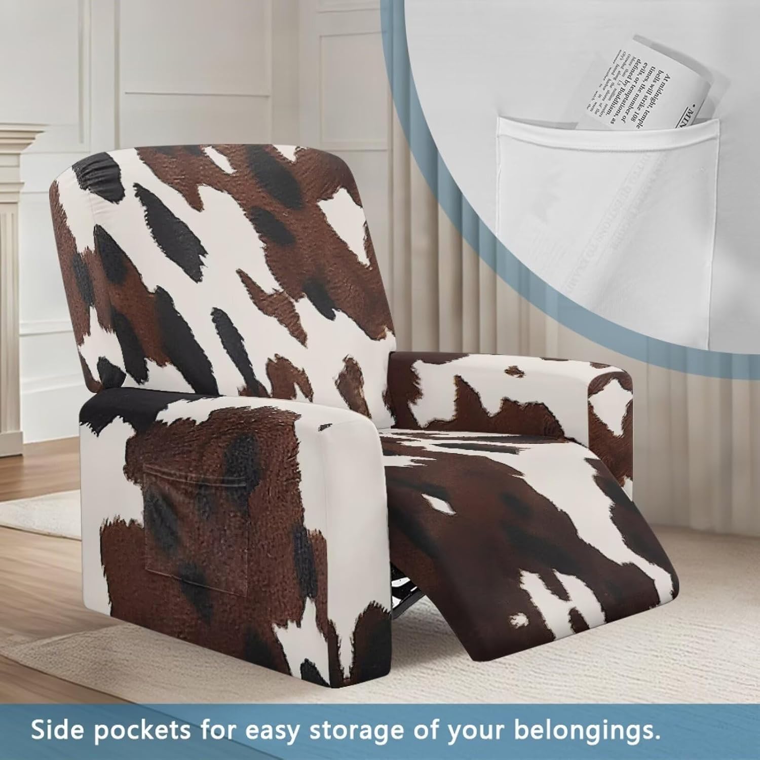 FOR U DESIGNS Brown Cow Universal Fit Stretch Recliner Covers 4-Pc Stay in Place Elastic Edges with Side Storage Pocket Machine Washable Sofa Protector