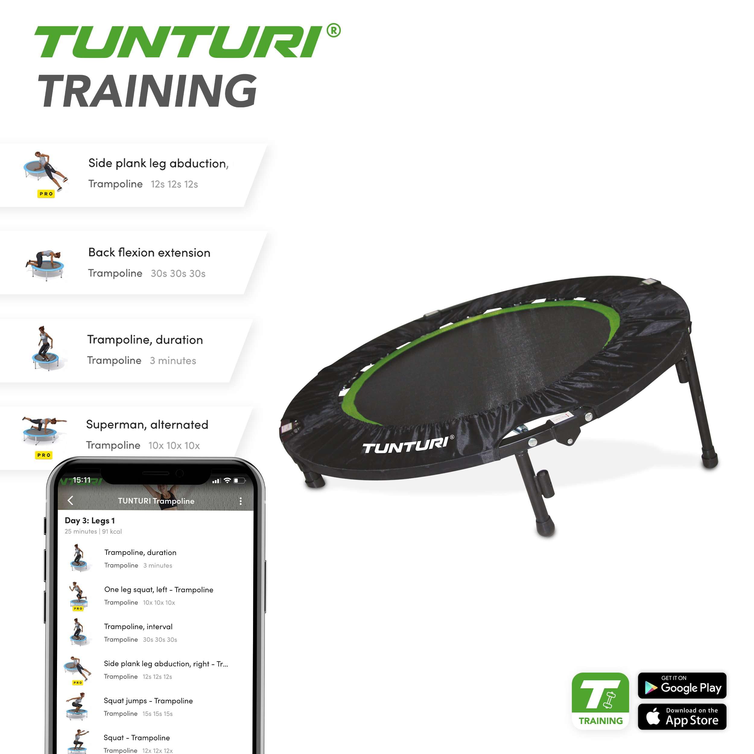 Tunturi Erwachsene klappbares Fitness Trampolin Ø 104cm mit Stange und Randabdeckung/Jumping Fitness Trampolin/Rebounder | Maximale Belastung 140 kg, Sprunghöhe 22 cm, Gewicht 11 kg, Faltmaß 40 x 75 x 10 cm