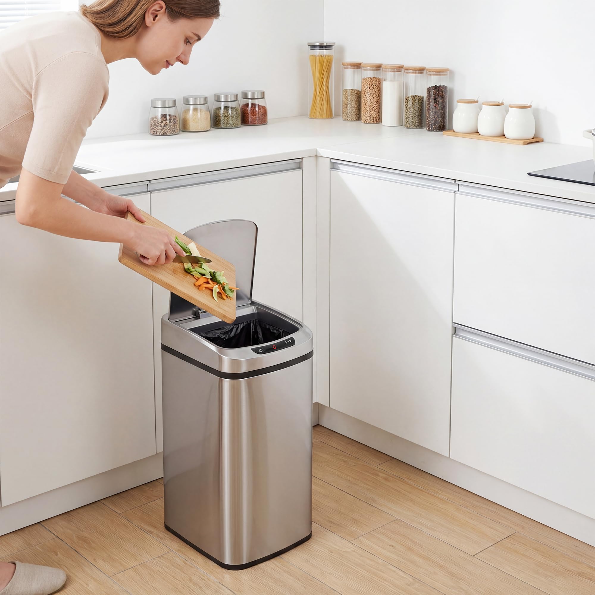 HOMCOM Poubelle de cuisine automatique 12 L en acier inoxydable, poubelle à capteur de mouvement sans contact avec couvercle, anti-traces de doigts, pour maison, salon, bureau, argent