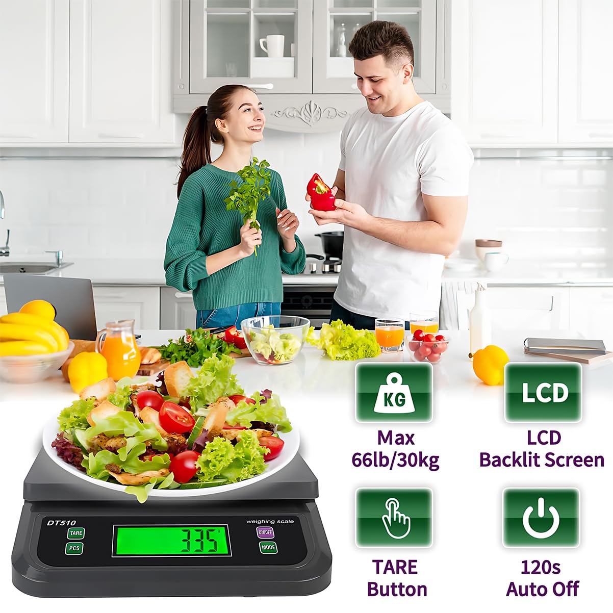 Große digitale Küchenwaage, Lebensmittelwaage zum Backen, Kochen, Brot, Fleisch, Waage mit Tara- und Vorbereitungszählung, LCD-Display mit Adapter, 6 Einheiten (Grau, 30 kg)
