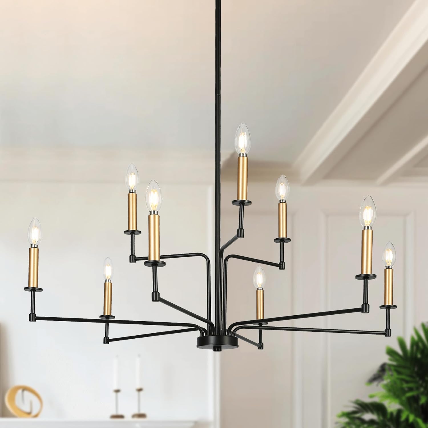 KSANA Large Black Gold Chandelier, Mid-Century Modern 9-Light Candle-Style Ceiling Light Fixture for Dining Room, Living Room, Kitchen Island, or Foyer