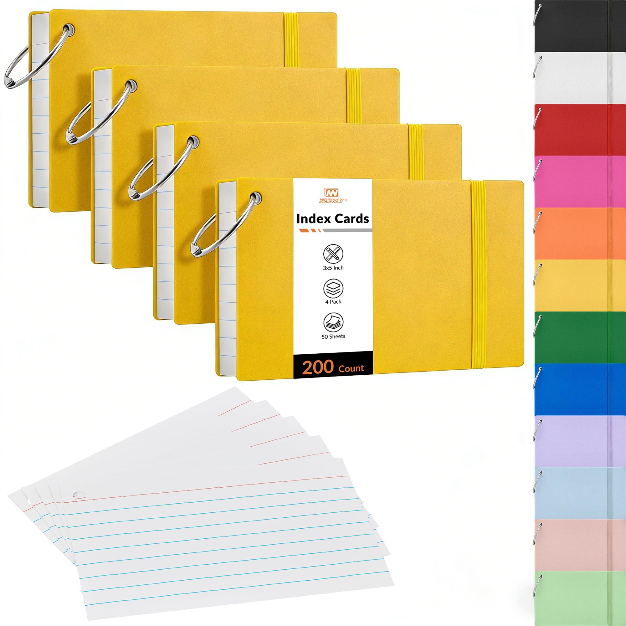 NEEWAY Ruled Index Cards with Ring 3x5 Inches, 200 Count Note Cards Lined, Flash Cards with Rings for Studying, Home and Office (Yellow)