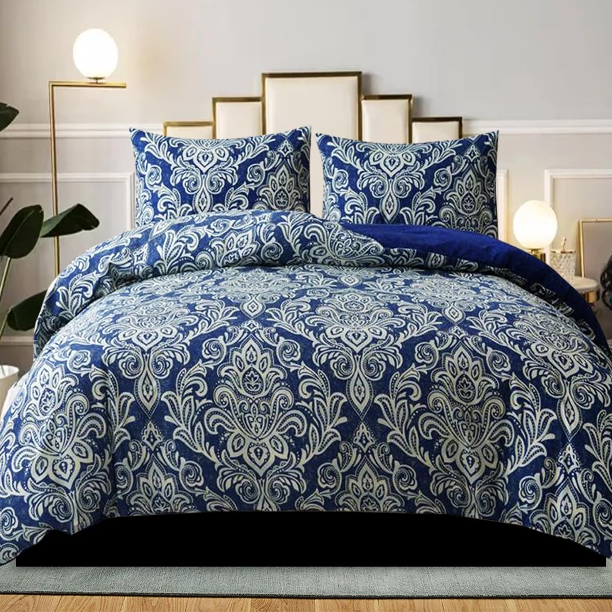 B&B Duvet Cover Set Super King Size, 100% Rich Cotton Comforter Cover Bedding Sets - Soft, Thick Anti-Allergy Printed Quilt Covers with 2 Pillow Shams (Damask Blue)