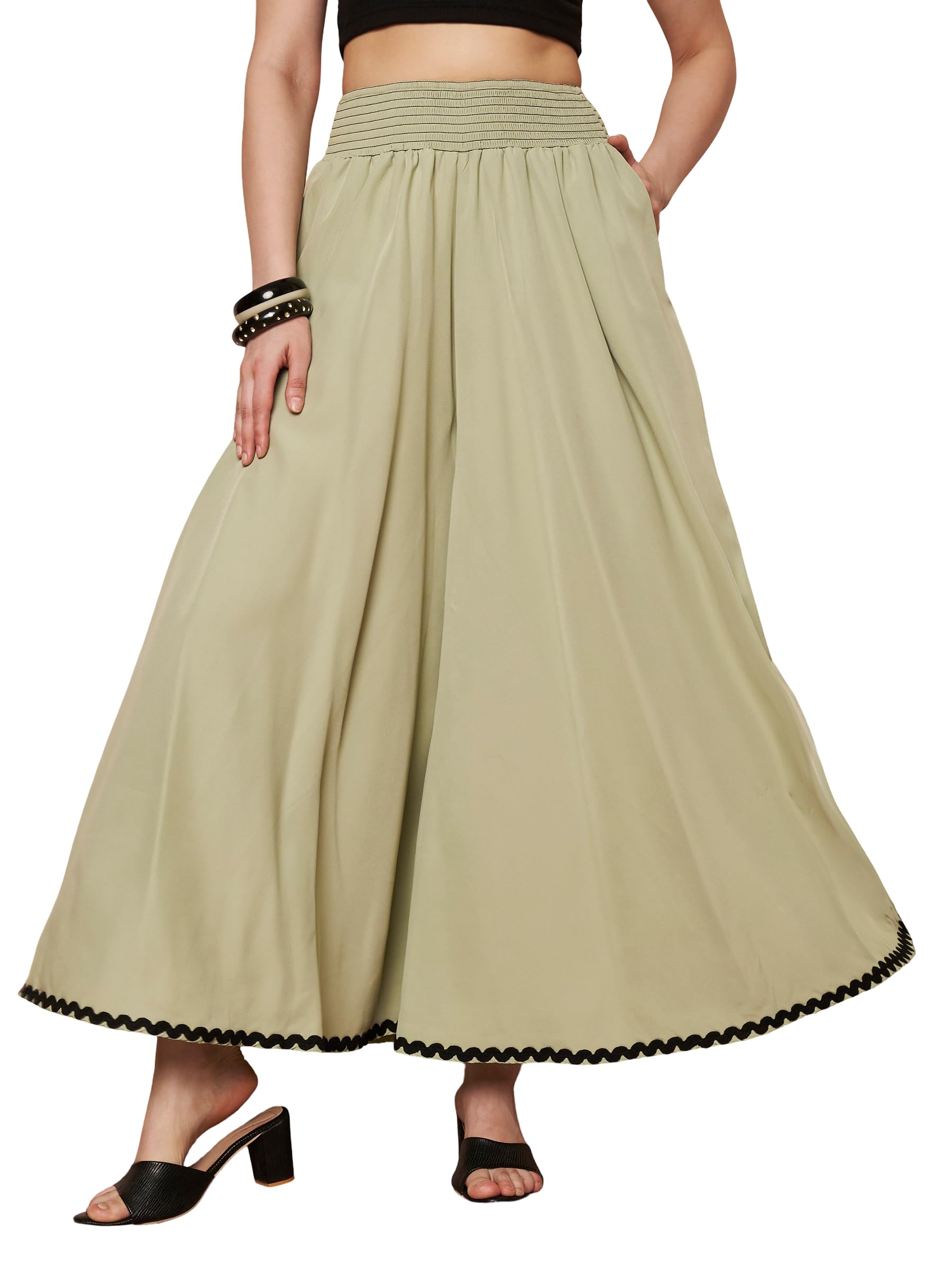 | Palazzo for Women | Solid Pants | Wide Leg Flared Trousers with Pockets | Casual Smocked High Waist Bottom-image-32