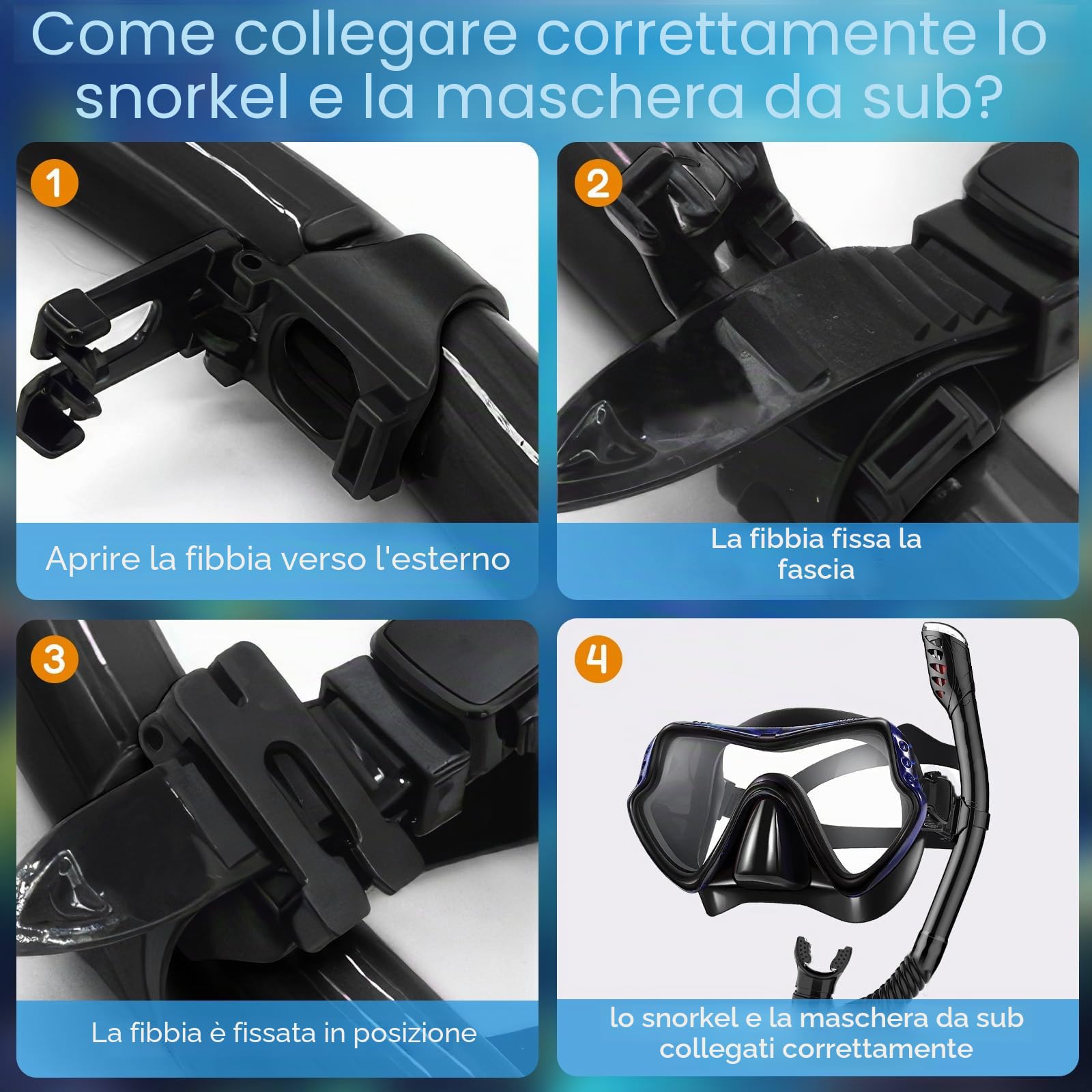 Maschera Snorkeling Adulto Antiappannante Panoramica 180° Set con Boccaglio