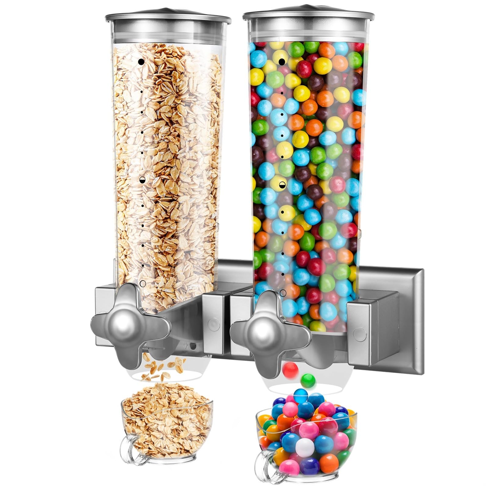 Distributore di cereali a parete a doppia testa, capacità 3 l, contenitore per alimenti secchi, chicchi di caffè, noci, snack, dispenser trasparente per cereali da cucina