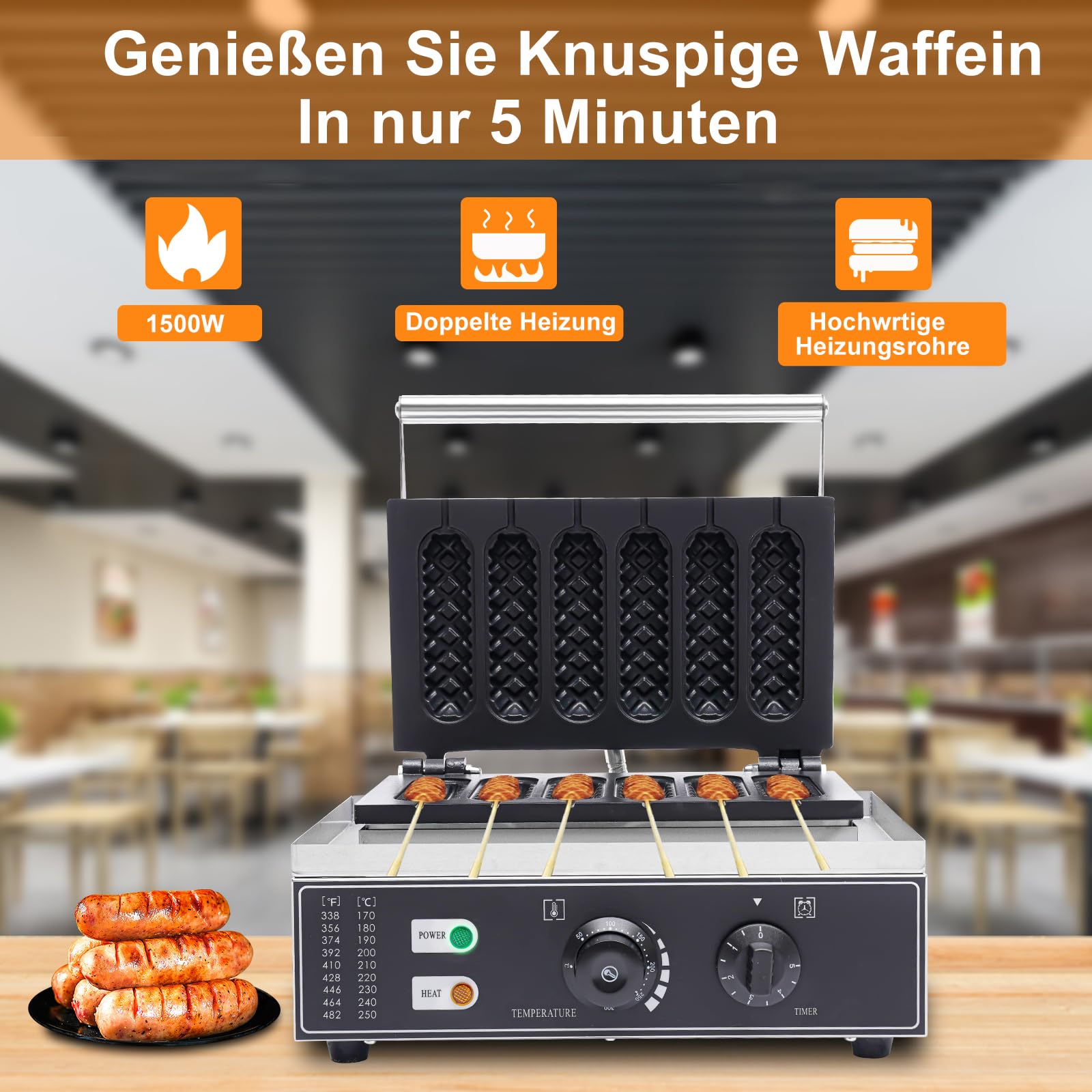 Gofrownica do gofrów, do 6 gofrów na trzonku, powłoka nieprzywierająca, lampa do pieczenia, podwójna gofrownica hot dog, gofry prostokątne, 1500 W, kukurydza