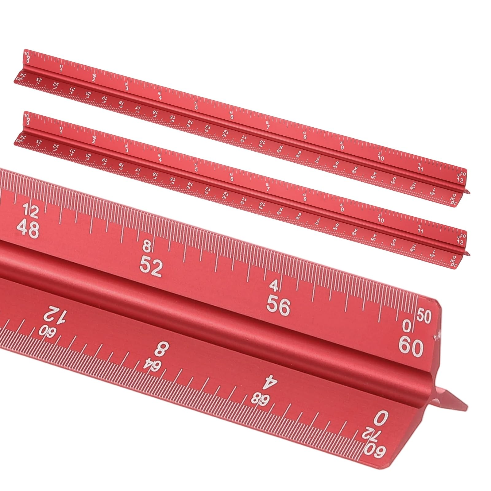 sourcing map 2 Pcs Architectural Scale Ruler, 12 Inch Standard Aluminum Alloy Architect Triangular Large Scale Laser-Etched Blueprint Drafting Ruler for Architects Engineers, Red