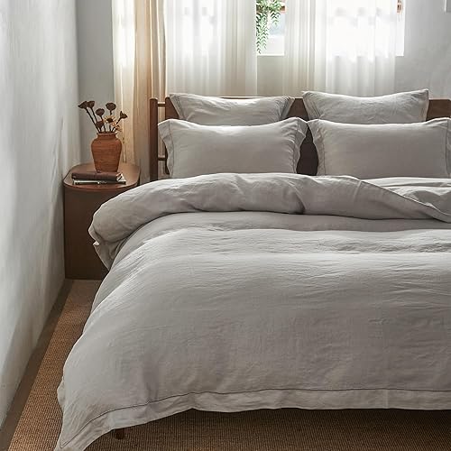 Miniatura 8 de Simple&Opulence - Funda de edredón de lino 100 % lavado y con bordado, juego de 3 piezas, para edredón, suave con cierre de botón, 1 funda de