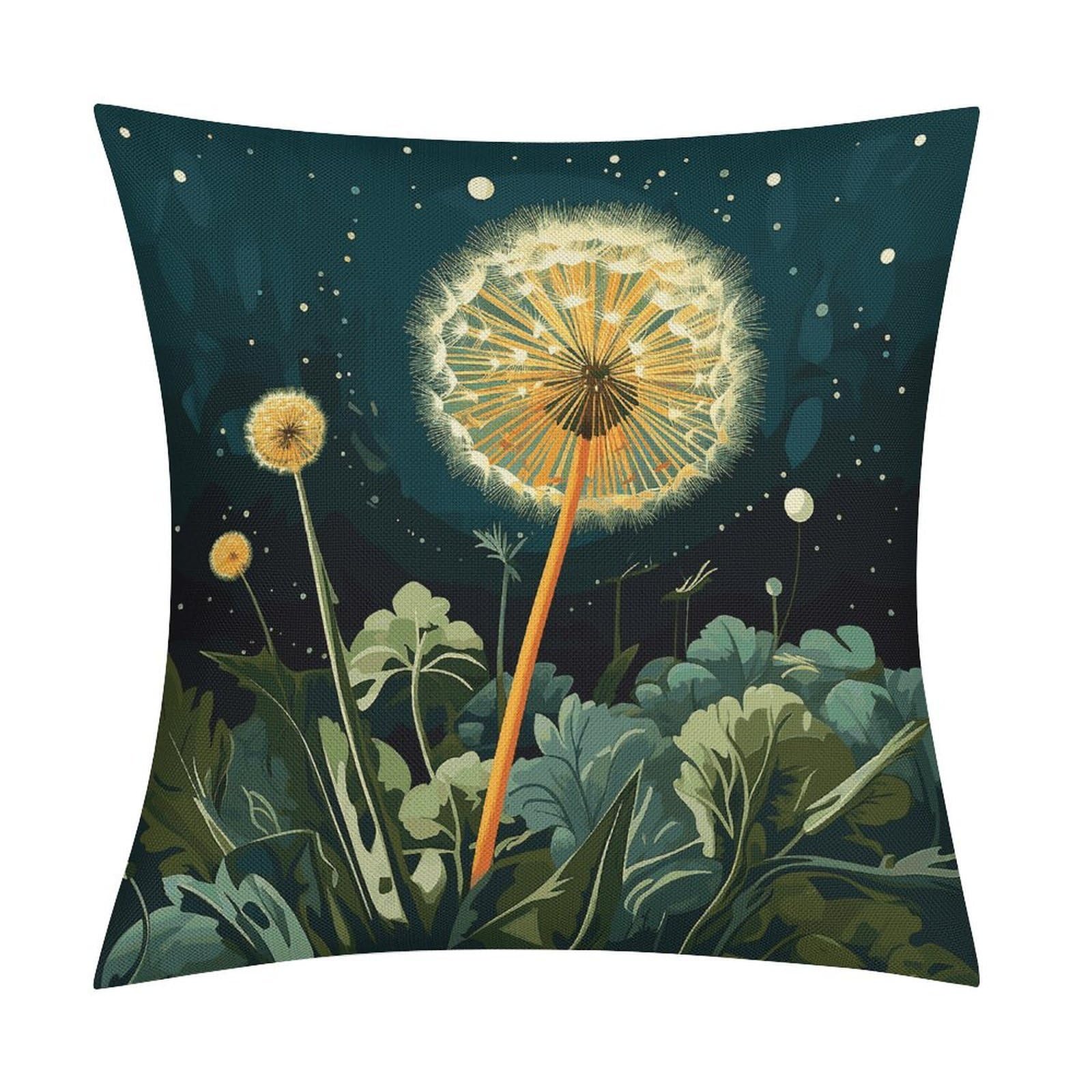 JTREHY Dandelions at Night Throw Pillow Covers Farmhouse Pillow Cover Standard Pillow Shams Decorative Square Pillowcases Soft Pillow Cases Wrinkle Fade Resistant for Couch Home 18x18 Inch