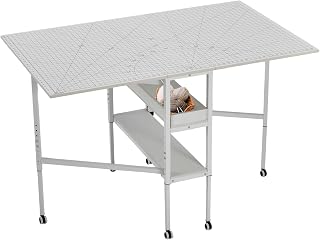Nähtisch,Zuschneidetisch für große Stoffe,für Nähzimmer zu Hause | Klappbar Verstellbare Höhe Mobile mit Rädern Stauraum aus Holz mit Messraster Klapptisch Weiß