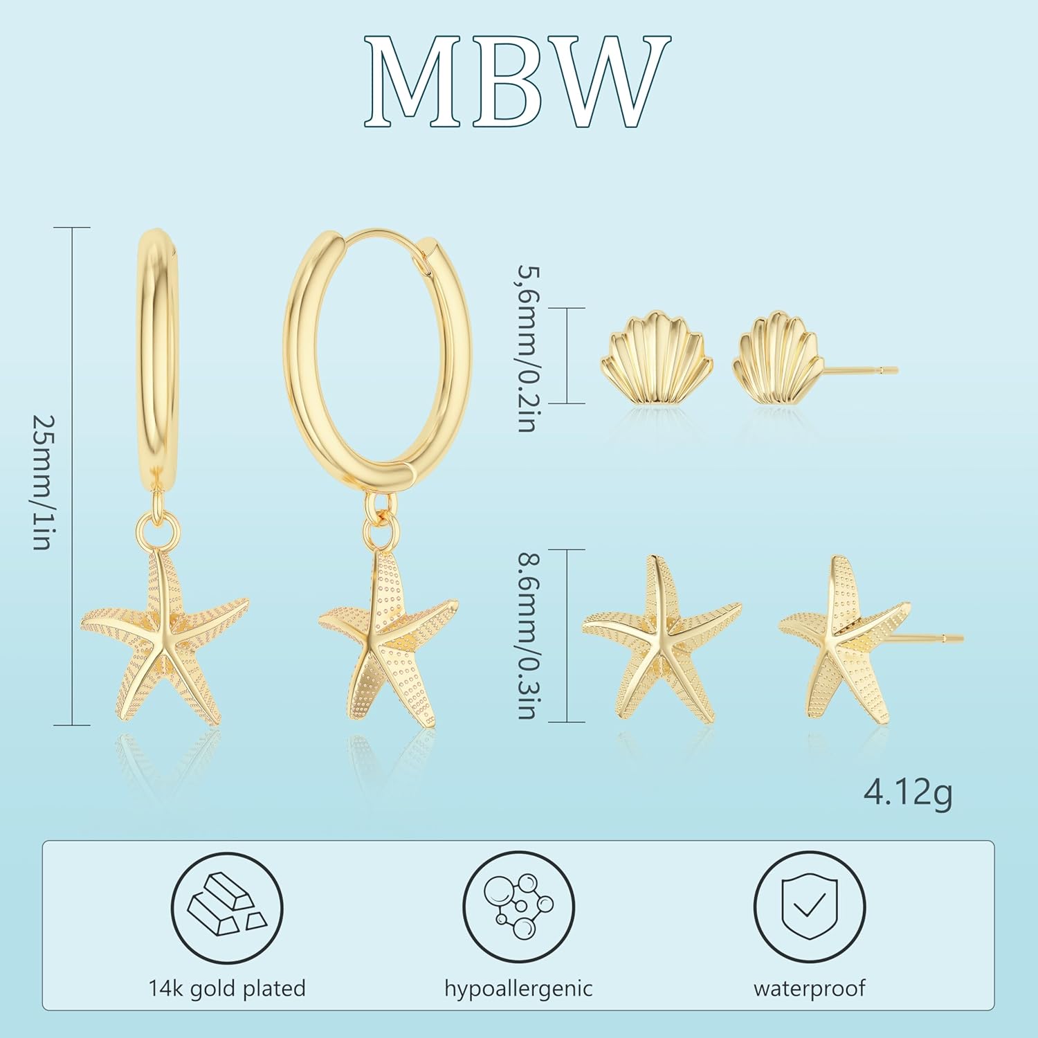 MBW Gold Starfish Earrings for Women, Small Dainty 14k Gold Plated Seashell Conch Pearl Hoop Dangle Earrings Stud Sets Beach Ocean Halloween Jewelry Gifts for Women Trendy - Image 4
