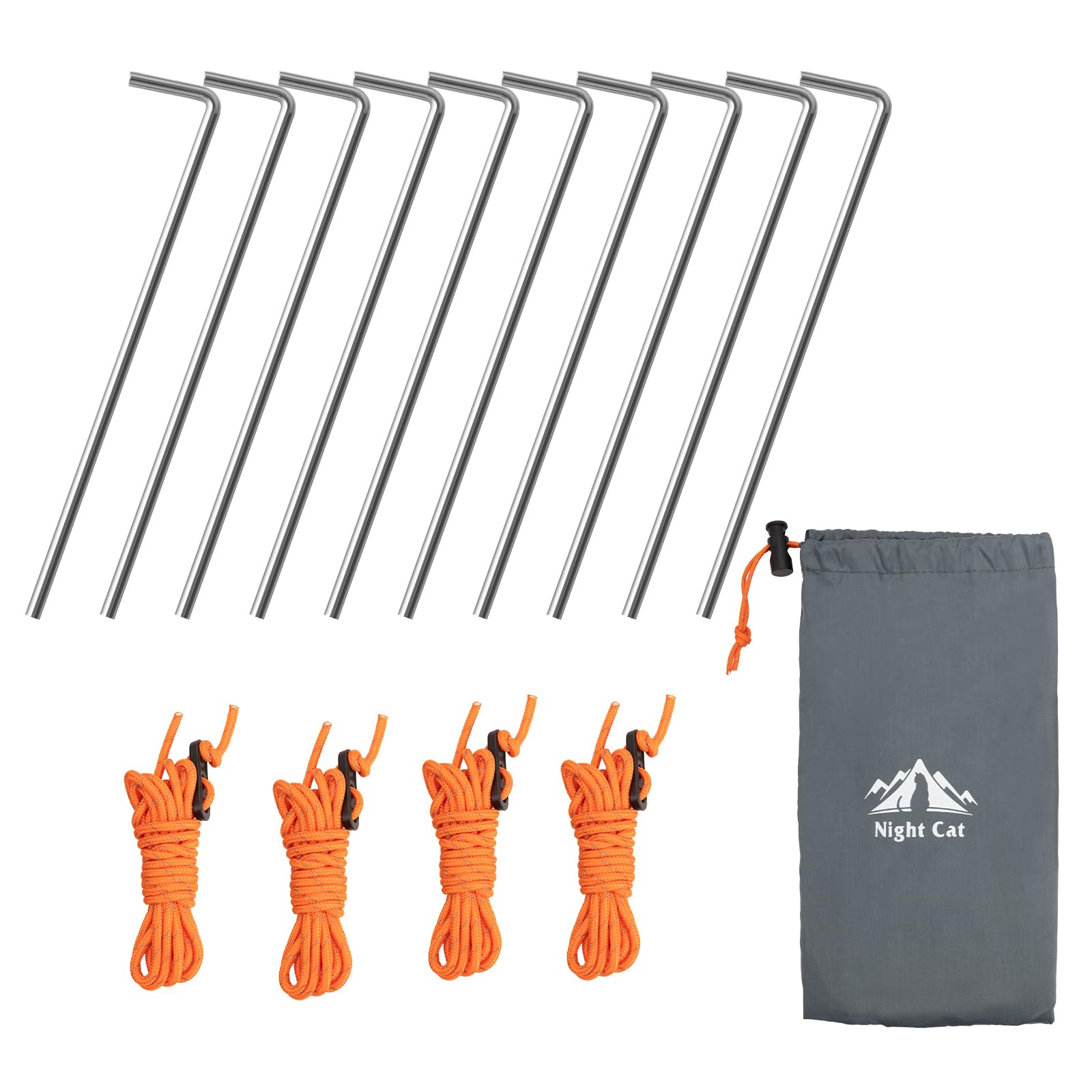 Night Cat Iron Tent Pegs: 10 Pack Tent Stakes Ultralight Heavy Duty with 4 guylines and Drawstring Bag