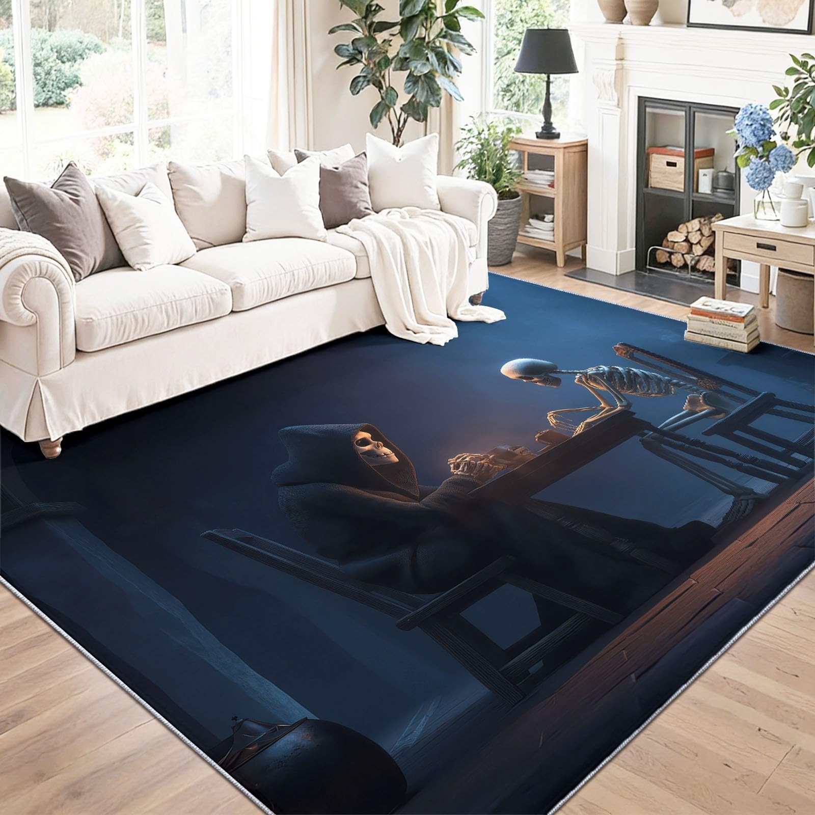 Dywan do salonu, można prać w pralce, dywan 80 x 150 cm, dywan antypoślizgowy, czarna czaszka, kinowy styl, niskie runo, nie gubi włosia, nadruk, do jadalni, domu, biura, sypialni