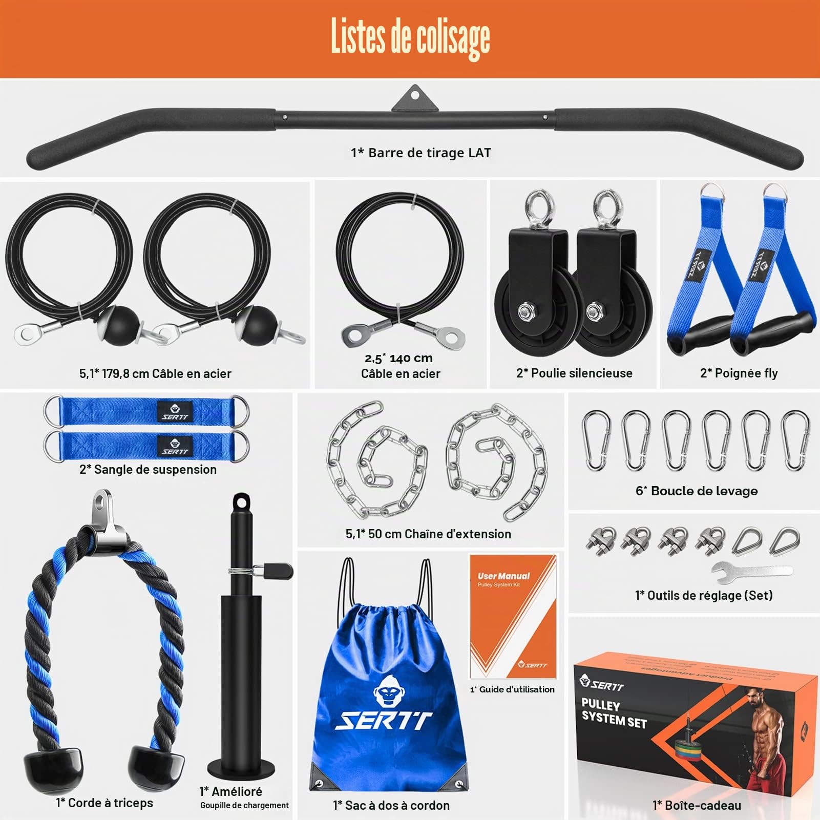 Kit Poulie Câble SERTT Pour Musculation – Triceps, Biceps, Dos – Charge Max 150 Kg – Montage Facile Sur Squat Rack Ou Barre De Traction