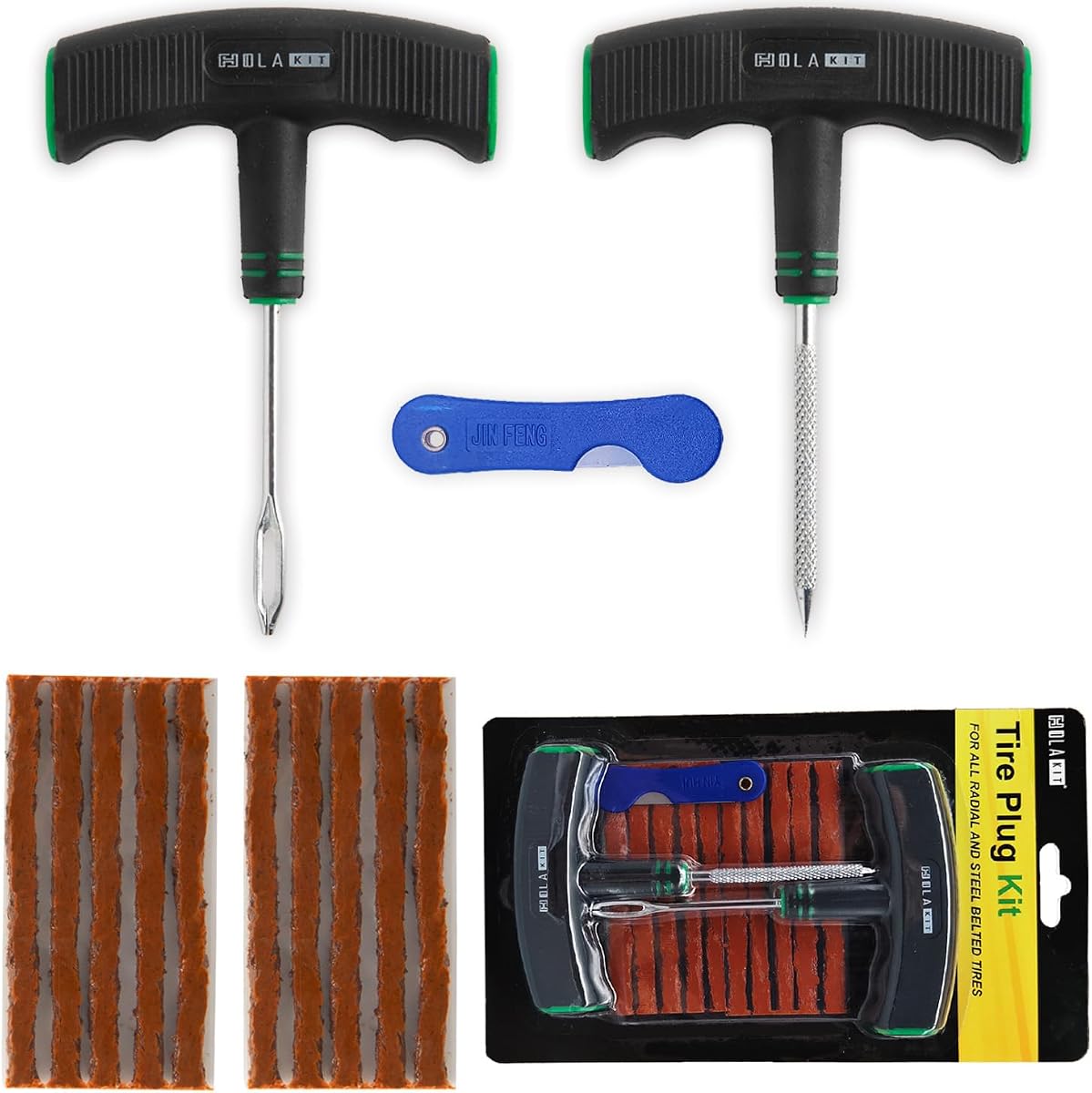 HolaKit Kit de tapones para neumáticos de 13 piezas con herramientas con mango en T y tapones vulcanizadores | Las manijas en T de gran tamaño con agarre de goma mejoran el control, mientras que diez tapones autovulcanizantes cubren múltiples reparaciones en la carretera.