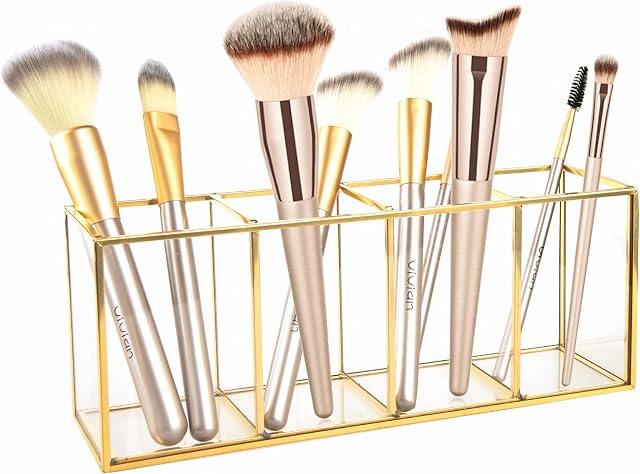 Feyarl 4 Compartments Gold Glass Makeup Brush Holder Pen Pencil Holder Transparent Office Supplies Holder Cosmetic Holder Beauty Display for Eyeliners Nail Polish Makeup Organizer