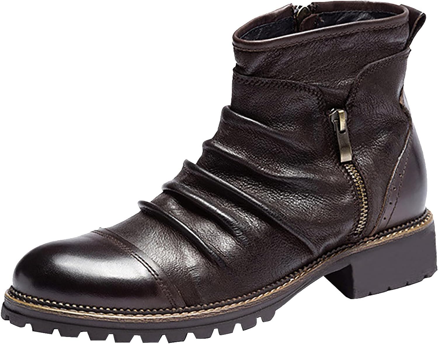 Men's Chelsea Ankle Boots Slip-On Round Toe Low Heel Side Zipper Booties Lightweight Comfort Vintage Chunky Block Leather Pull-on Winter Work Shoes