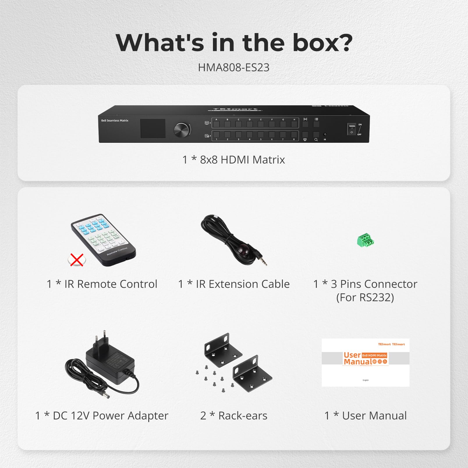 TESmart Matrice HDMI 8x8 (8 in 8 out): 1080p@60Hz, Seamless Switching(100ms), Quad-View, 4 Audio Indipendente. Controllo IR/Pannello/LAN/RS232. Display LCD. Per Broadcast/Pro AV.