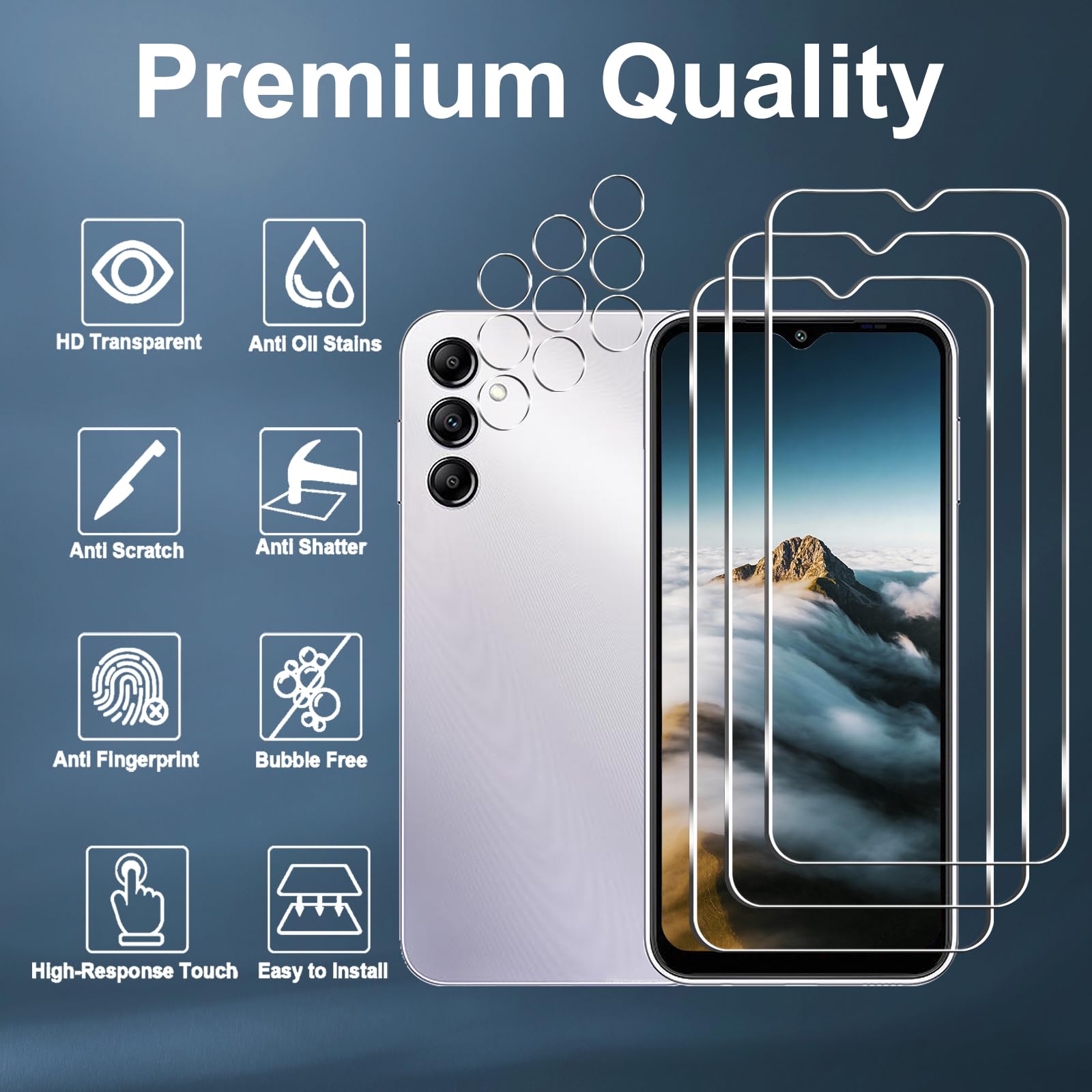 [3+3] Protector de pantalla para Samsung Galaxy A14 5G, 3 unidades de vidrio templado y 3 protectores de lente de cámara, dureza 9H, transparente HD, compatible con fundas
