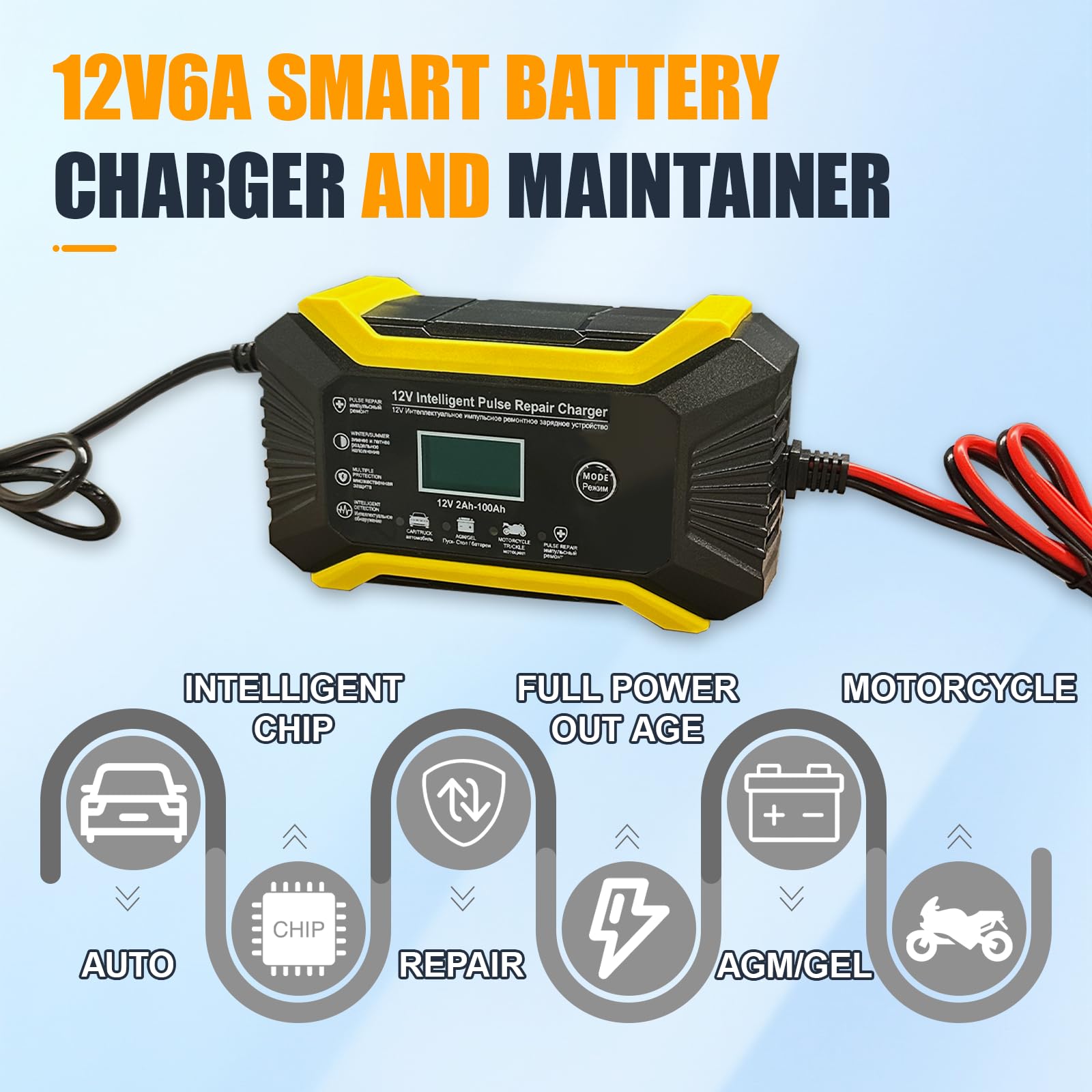 Chargeur de batterie de voiture 12 V 6 A, chargeur intelligent et mainteneur avec écran LCD et compensation de température, chargeurs portables universels pour voiture, camion, SUV, ATV