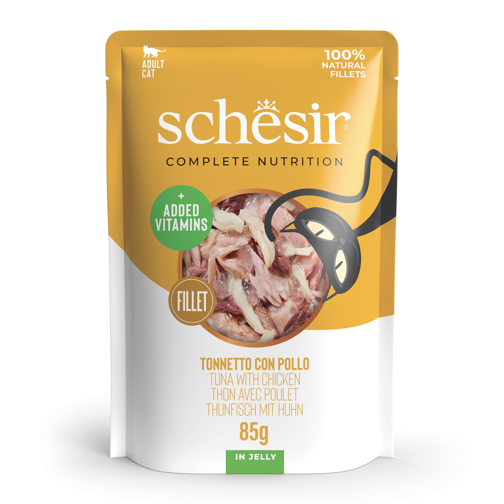 Schesir, Thunfisch mit Huhn in Gelee, komplettes Nassfutter für Katzen, im Beutel, 100% natürliche Inhaltsstoffe, tierversuchsfrei, 12 x 85 g