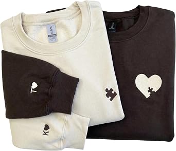 Custom Embroidered Puzzle Piece and Heart Sweatshirt, Personalized Matching Couple Hoodies for Valentines Day, Initial on Sleeve with Heart, Unique Gift for Him & Her