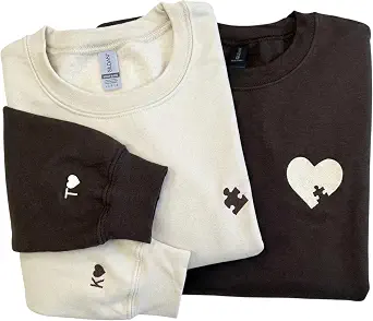 Custom Embroidered Puzzle Piece and Heart Sweatshirt, Personalized Matching Couple Hoodies for Valentine’s Day