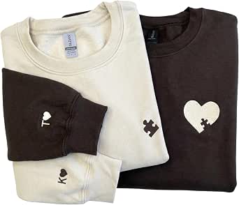 Custom Embroidered Puzzle Piece and Heart Sweatshirt, Personalized Matching Couple Hoodies for Valentine’s Day