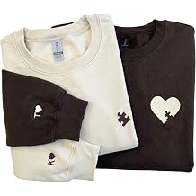 Custom Embroidered Puzzle Piece and Heart Sweatshirt, Personalized Matching Couple Hoodies for Valentine&rsquo;s Day, Initial on Sleeve with Heart, Unique Gift for Him &amp; Her