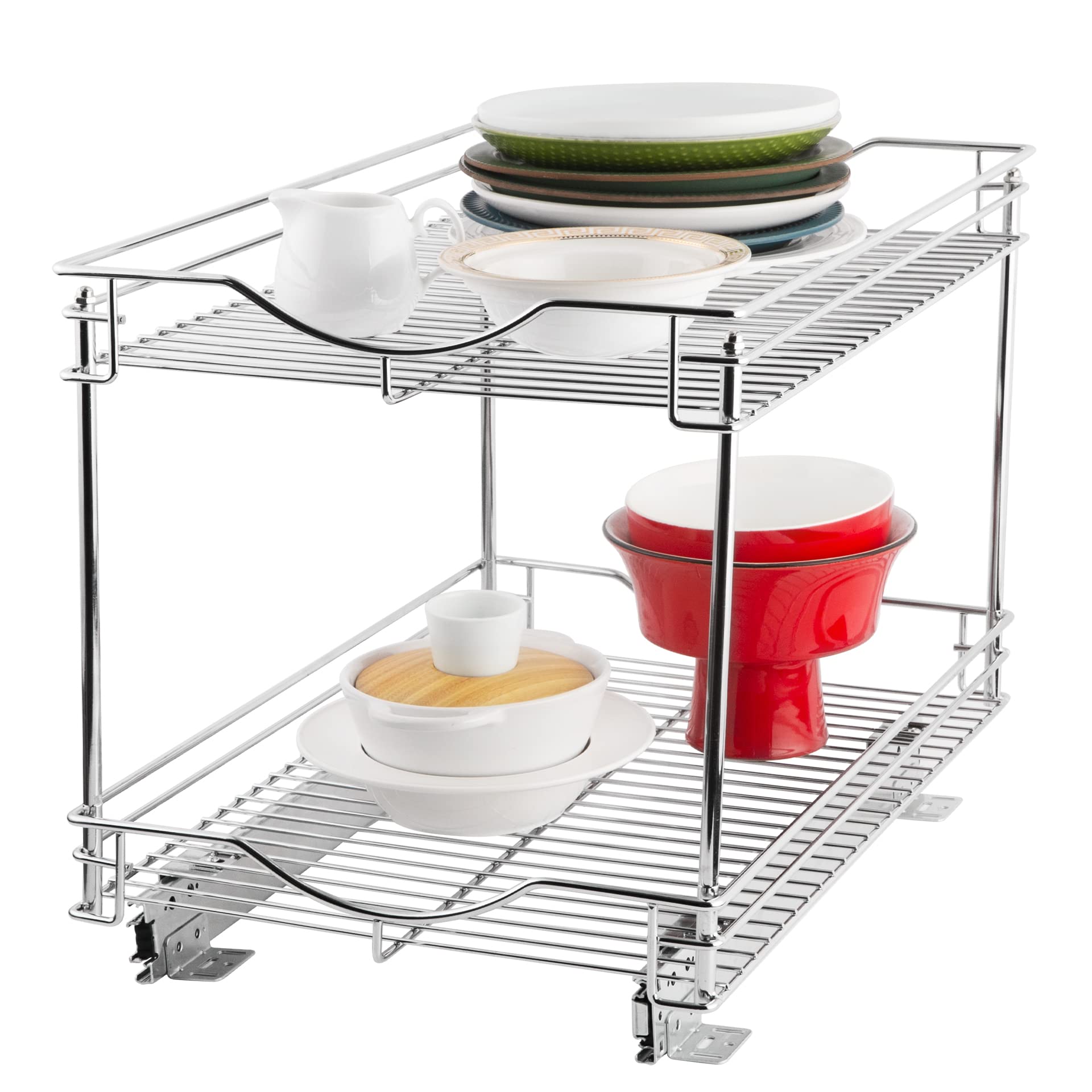SIMCAS 2-Tier Pull Out Cabinet Organizer (11" W X 18" D), Kitchen Cabinet Organizers and Storage Cabinet Pull Out Shelves, Under Cabinet Organizer Slide Out Pantry Shelves for Inside Cabinets, Chrome