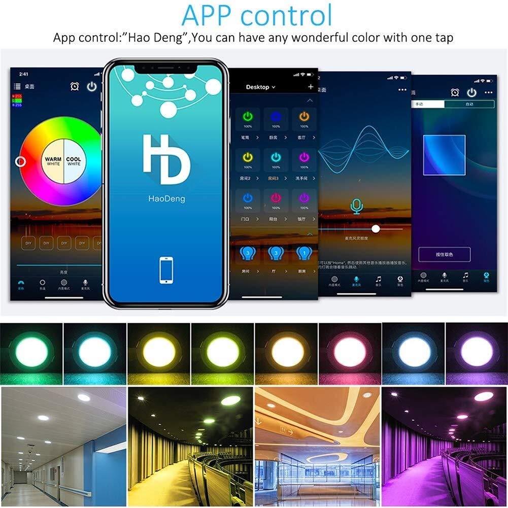 LED 5W LED Iluminación empotrable de 4.6 pulgadas, focos LED de 350LM Multicolor 8700K-6500K RGB regulable + Downlights de control de aplicación blanca cálida / fresca con control remoto - paquete 4
