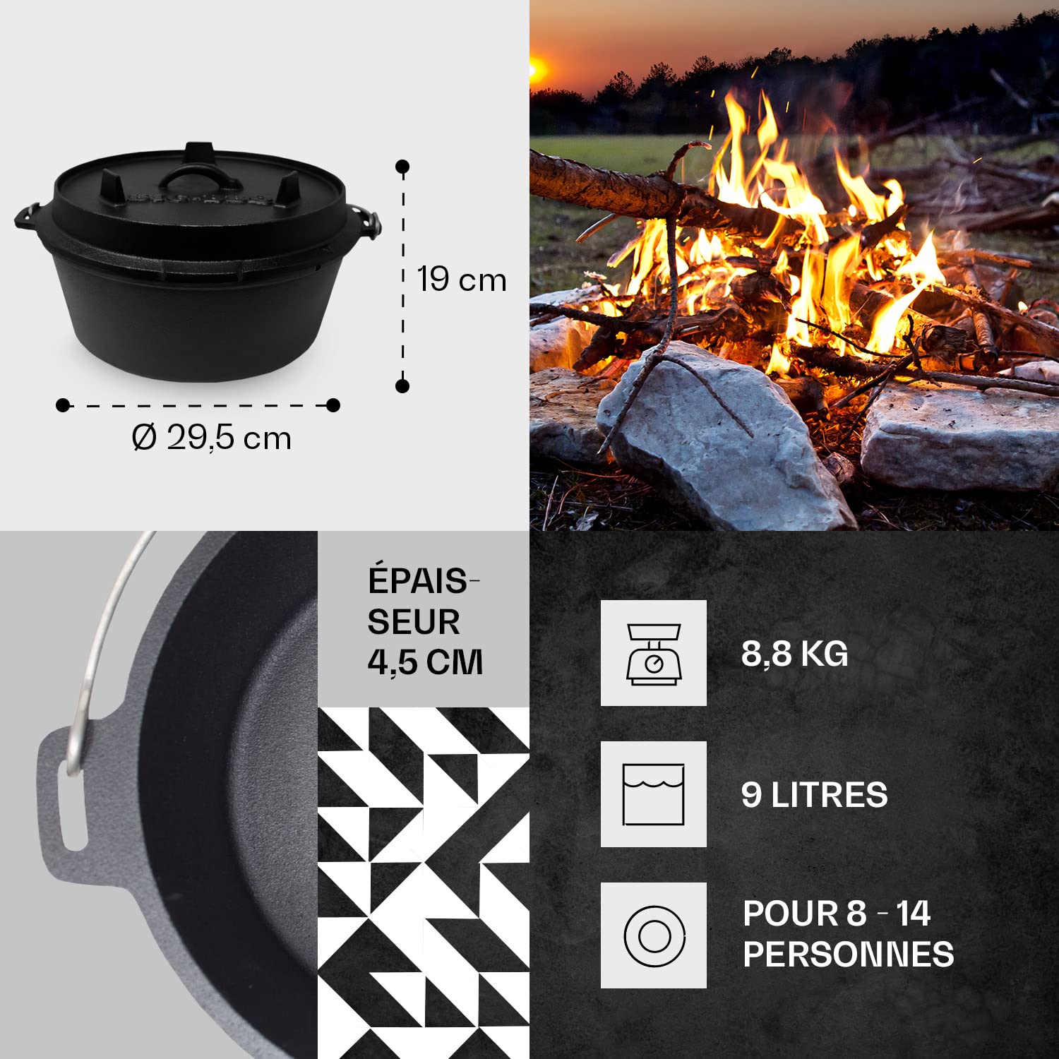 Cocotte en Fonte Pré-assaisonné 9L avec Couvercle, Faitout pour l'Exterieur, Marmite Résistante au Four, Chaudron de Camping