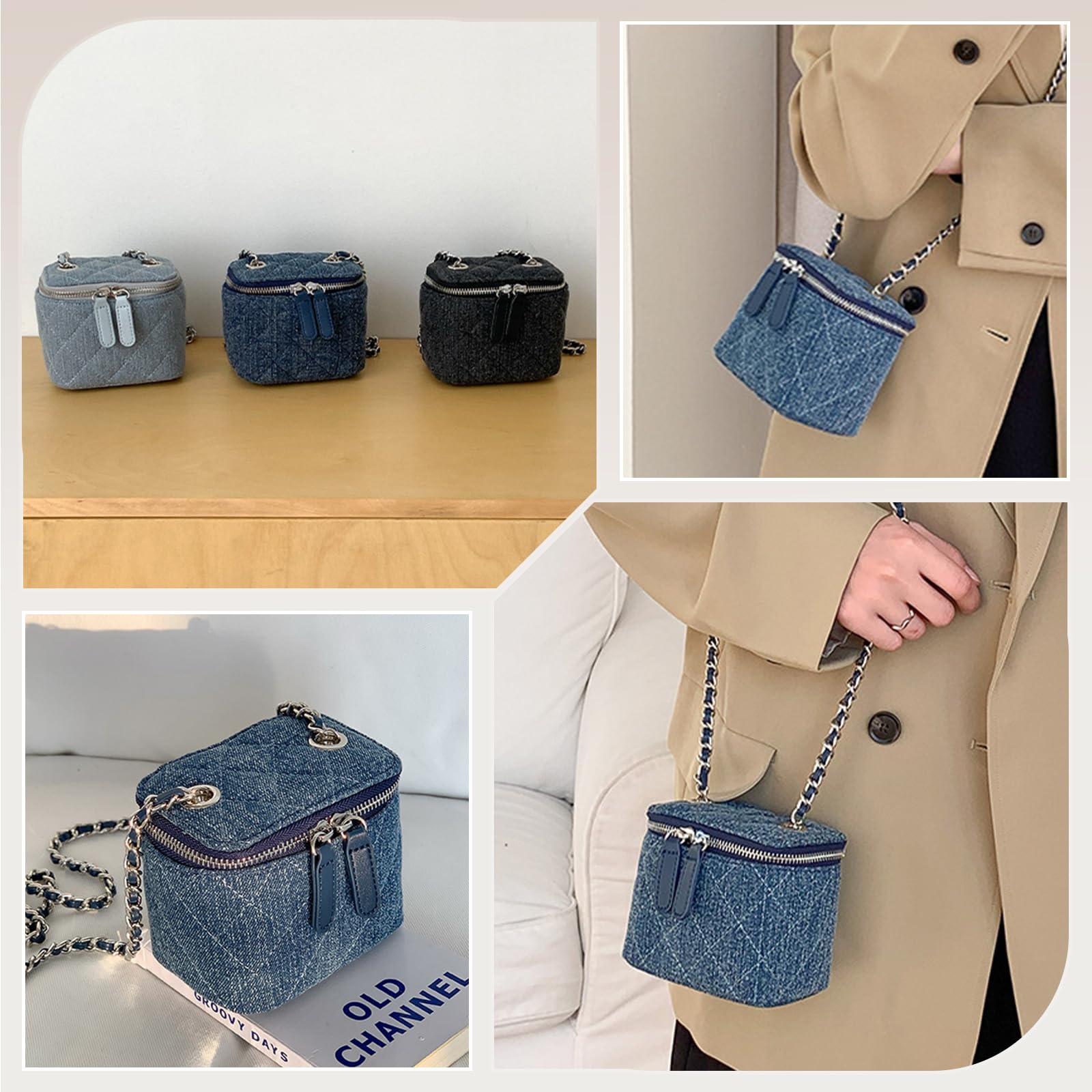 Bolso de Bandolera de Tejano Jean para Mujer Bolsos Vaqueros Mini Bolso Cuadrado Bolso de Mano con Diseño Acolchado Bolso de Hombro de Mezclilla Retro Tote Bolsa de Cubo con Cadena Azul Oscuro