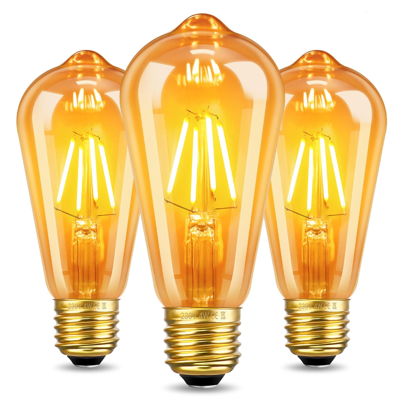 SCNNC Vintage LED Bulb Filament ST64 4W E27 Dimmable, 230V 400LM Warm White 2700K, Replace 40W Incandescent, 4 Watt LED Antique Retro Amber E27 Decorative Bulb for Cafe, Bar, Restaurant, Pack of 3