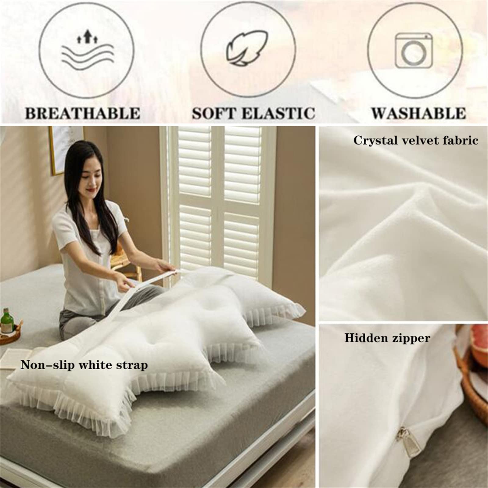 Rycwola Headboard Wedge Pillow Set - Queen Size Bed Rest With 2 Neck Roll Pillows & Removable Velvet Cover