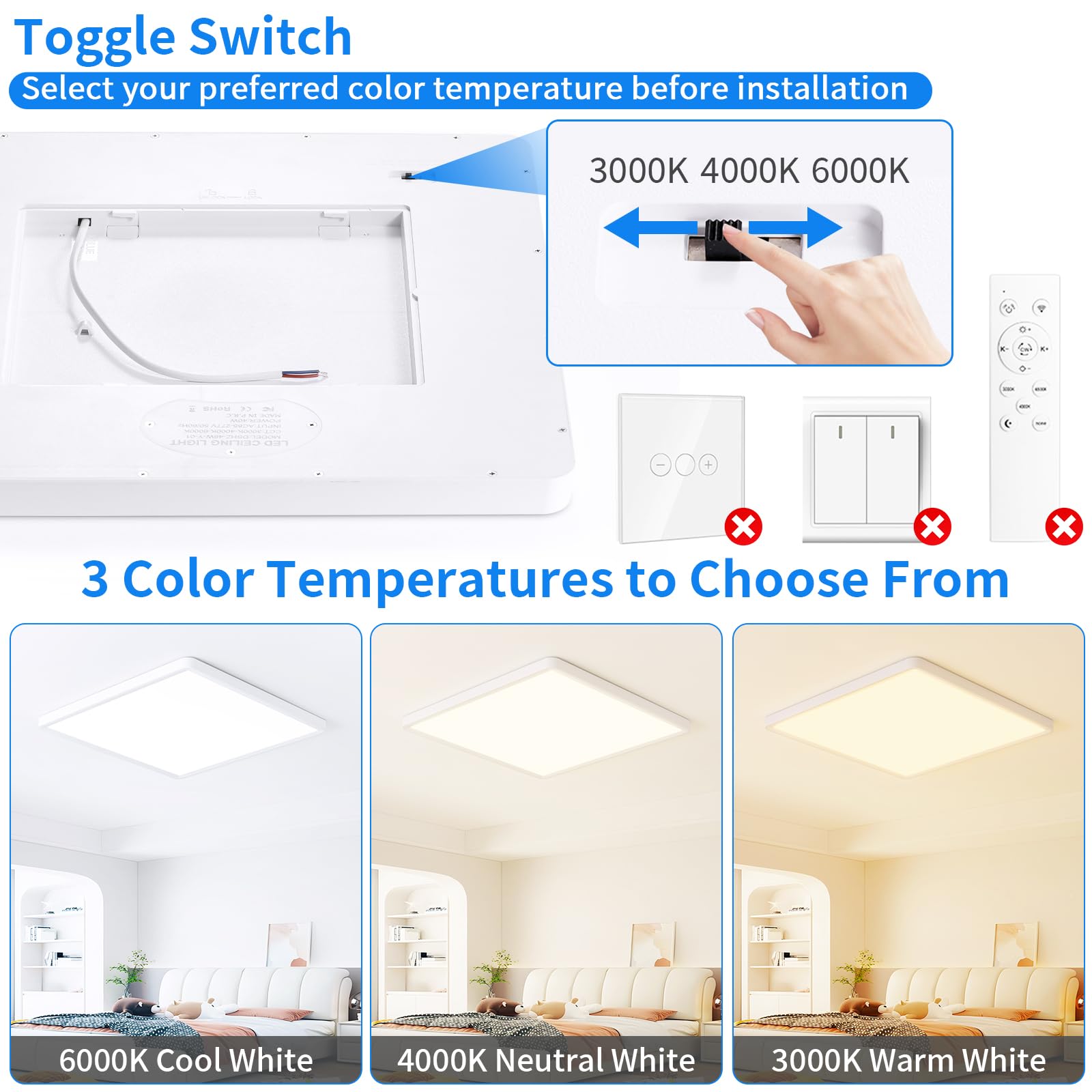 MOONSEA 46W LED Deckenleuchte Flach 3 Farben 50X50cm Deckenlampe Eckig | 3000K/4000K/6000K Quadrat Deckenlampe, Ultra Dünn Weiß Eckige Deckenleuchte für Wohnzimmer Schlafzimmer Esszimmer Küche