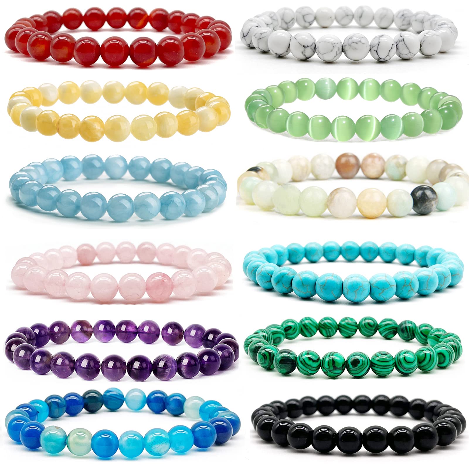 SROBENZSROBENZ 12 PCS Gemstone 8mm Round Beaded Bracelet Set Healing Crystal Stone Stretch Bracelets for Women Girl Men Round Beads Elastic Bracelets