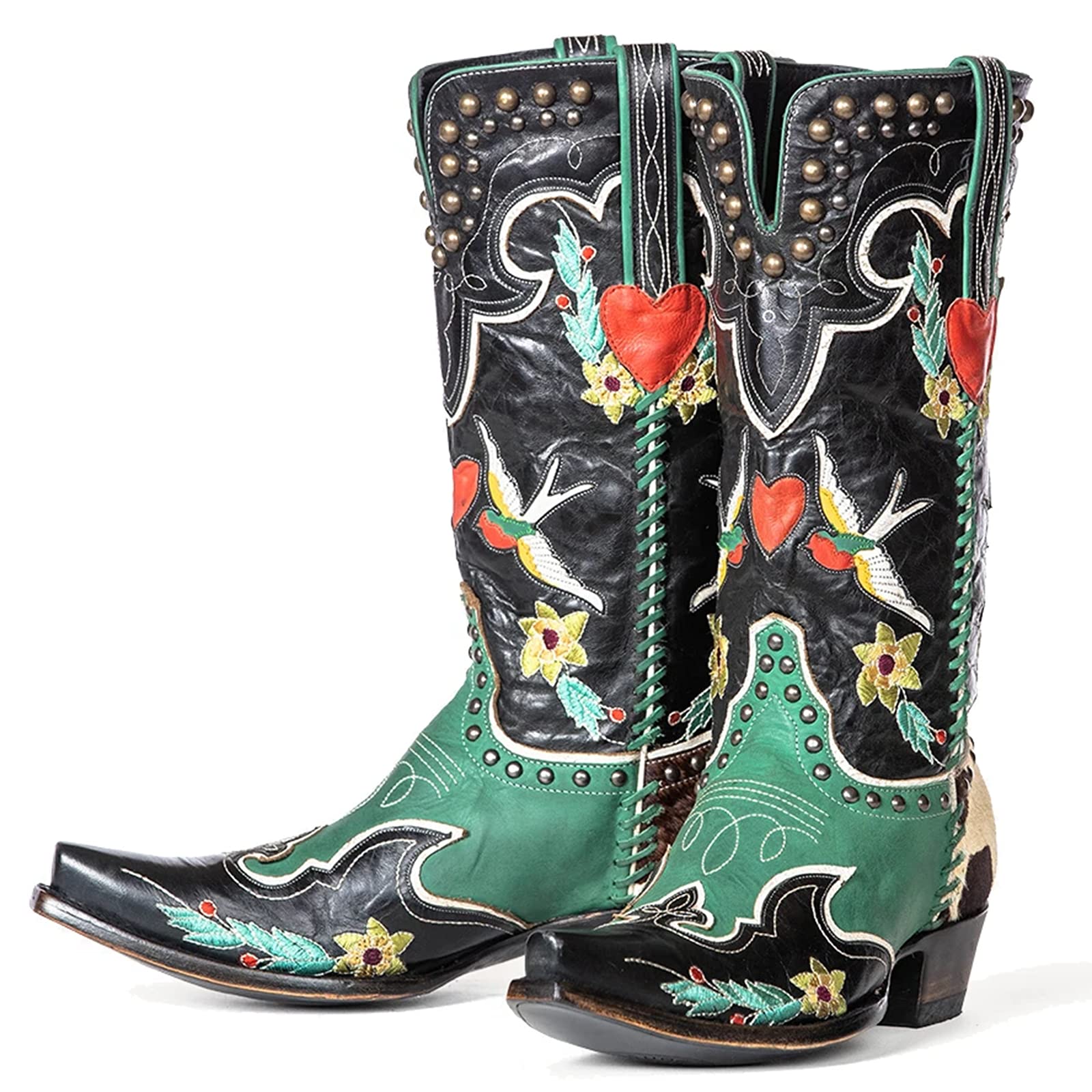 MeiLuSi Heart Cowgirl Boots for Women Chunky Stacked Heel Mid Calf Cowboy Boots Pull on Western Embroidery Boot