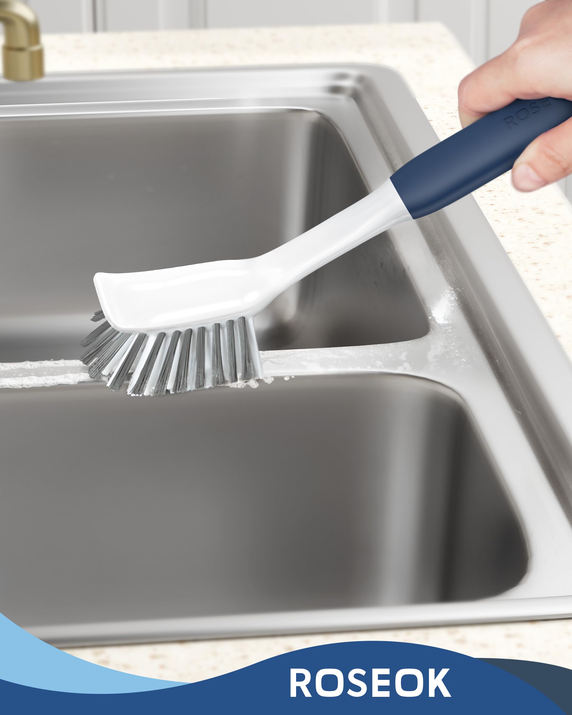 ROSEOK Paquete de 2 cepillos para platos de cocina con raspador para fregar manchas de alimentos, construido para limpiar platos, cocina, olla, fregadero, azul marino