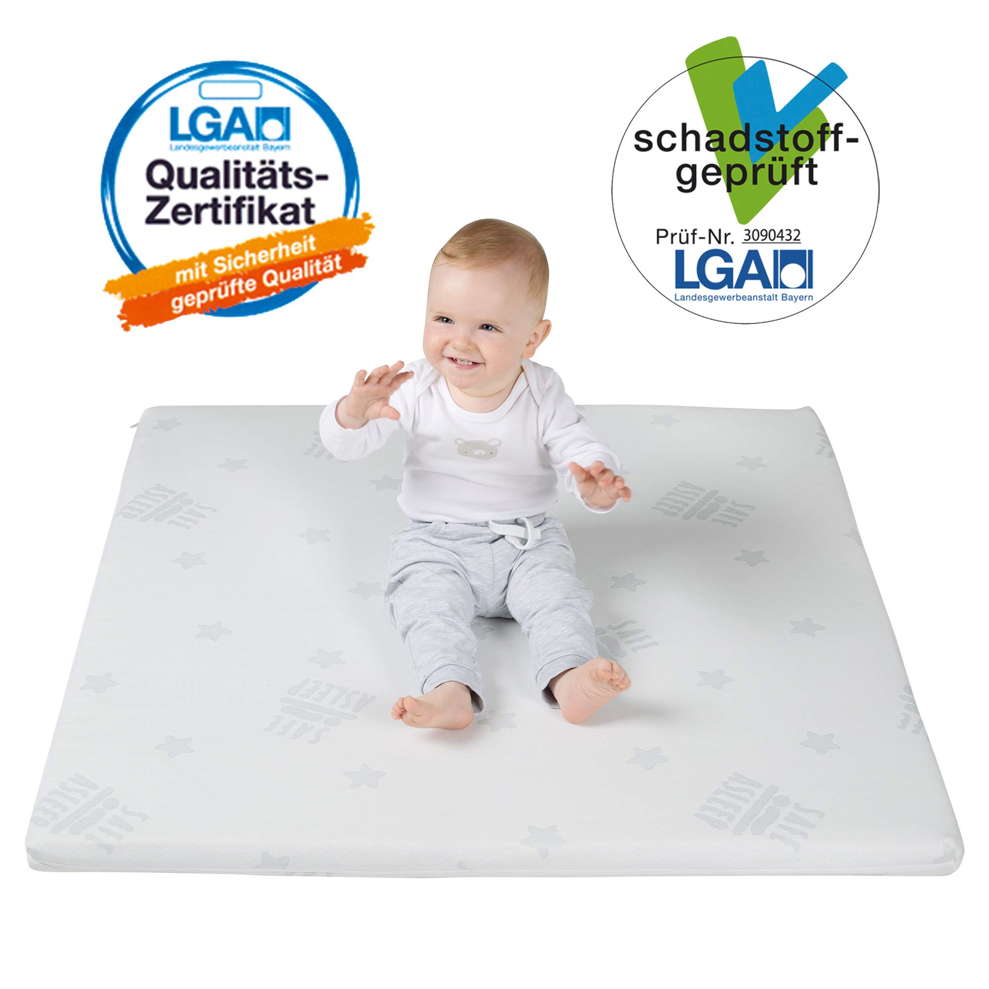 roba Materasso per Box safe asleep Air, Rettangolare, 75 x 100 cm, Rivestimento in Jacquard, Imbottito, Sfoderabile e Lavabile, con Zip, Bianco