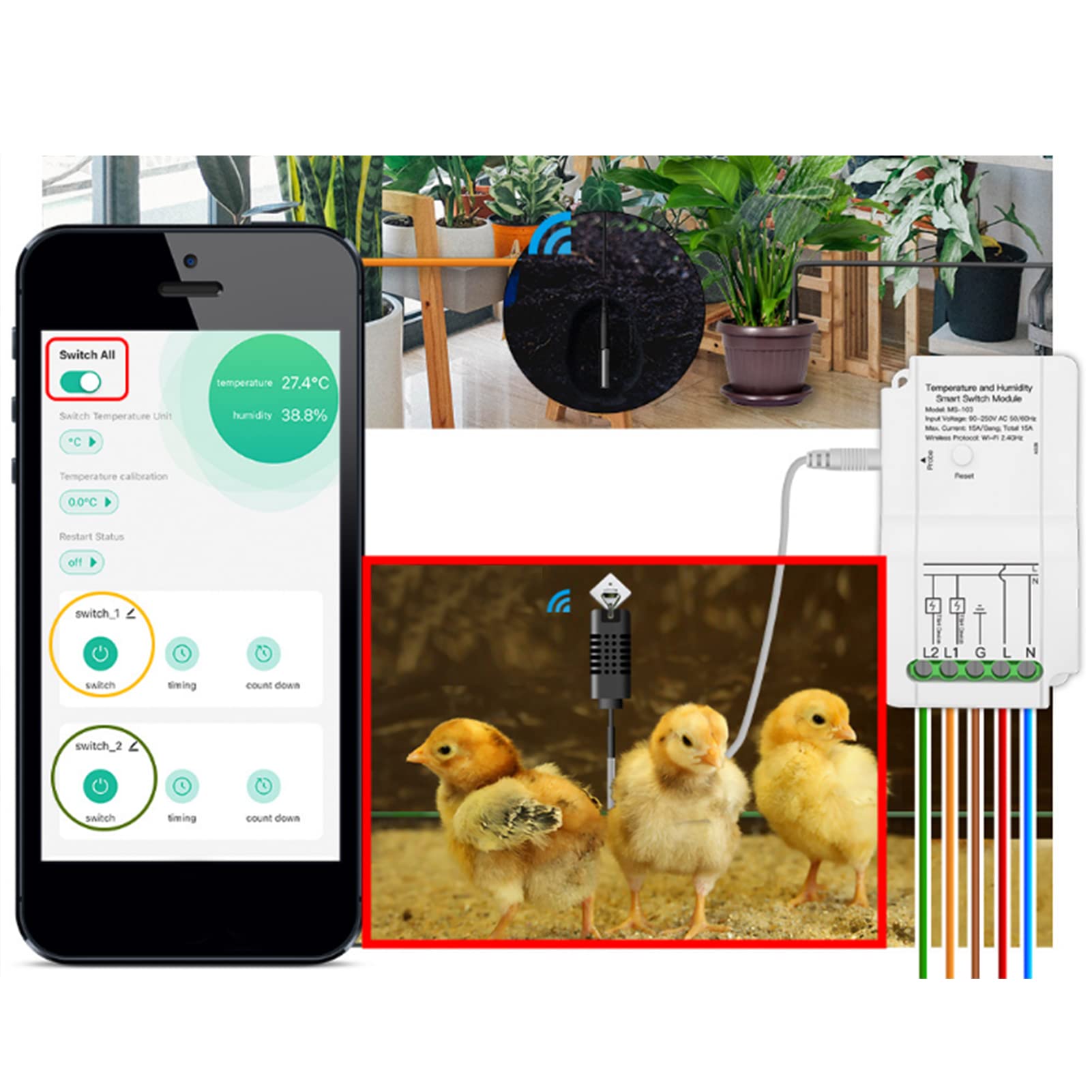 Interruptor De Sensor De Humedad, 90-250 V Smart WiFi Temperatura Humedad Interruptor Módulo Timing App Control Remoto con Sondas Detección De Humedad para Terrario De Invernadero De Setas