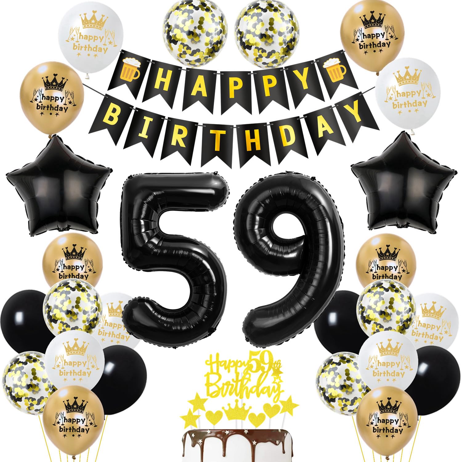 Oro & Bianco 59 ° compleanno decorazioni per le donne - 40 Numero Palloncini, Striscione, Tende foil, Palloncini, Pom Poms - 59 ° Regalo - Italia
