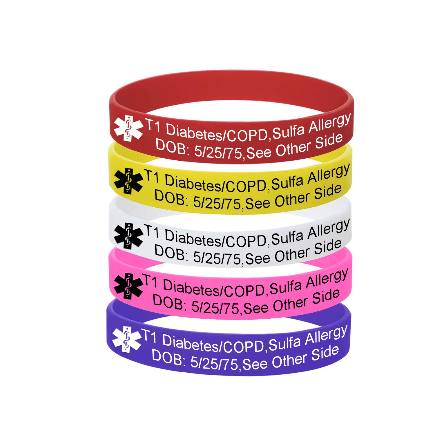 5 Color Pack-Personalized Engraved Medical Alert ID Jewelry Food Drug Allergy Bracelets,100% Silicone Rubber ID Survivor Bracelet Band,Emergency Contact Bracelet,Diabetes Bracelet,5.5"-7.9"